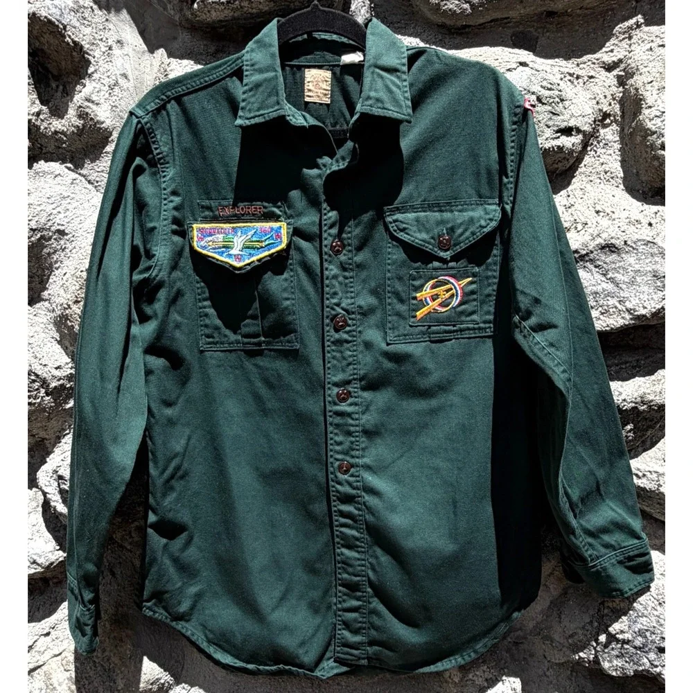 Vtg Boy Scouts Shirt Mens M Green Sanforized Brentwood NY Shinnecock 50s 60s